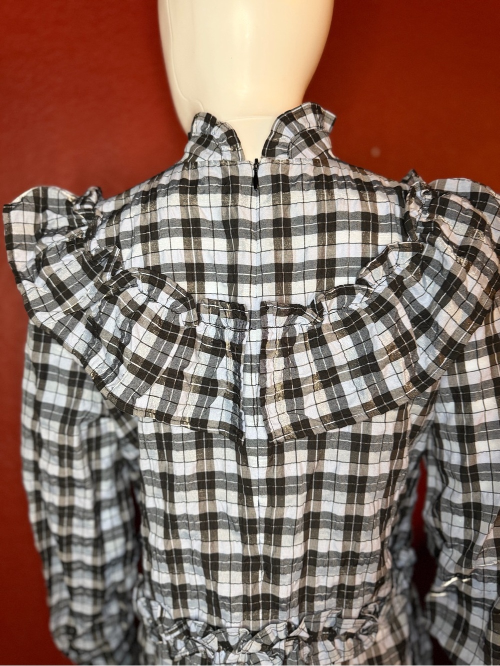 GANNI Charron Checked Seersucker Ruffle Mini Dress Serenity Blue Size 36 - Picture 4 of 12